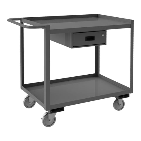 Stock Cart 2 Shelves 24 x 36 14 Gauge 1200 lbs. Capacity 1 Drawer  5 x 1-1/4 Polyurethane Casters - (2) Rigid (2) Swivel with Side Brakes Gray