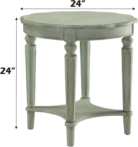 Acme Fordon Round Wooden End Table with Bottom Shelf in Antique Green