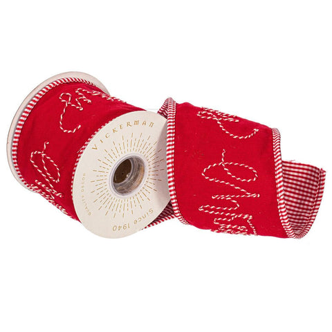 Vickerman 4" Red Embroidered Rope Merry Christmas On Canvas Ribbon.