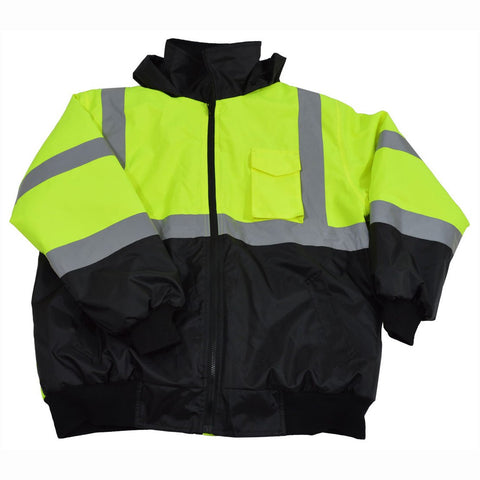 Petra Roc LQBBJ-C3-XL ANSI Class 3 Rollaway Hood Waterproof Quilted Bomber Jacket, X-Large, Lime/Black