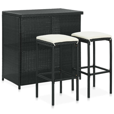 vidaXL 3 Piece Modern Outdoor Bar Set, Black Poly Rattan with Cream-White Cushion, Steel Frame, Suitable for Indoor/Outdoor, Patio, Pub, Garden Furniture Set.