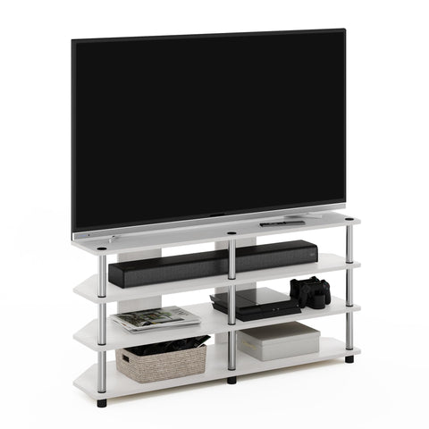 Furinno ECON TV Stand, 4-Tier Wide Corner Entertainment Center, TV Console for TV up to 55 Inch, Easy Assembly, for Living Room, Bedroom, White Oak/Stainless Steel Tubes