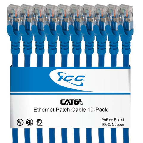 ICC CAT6A U/FTP UL Listed RJ45 Ethernet Patch Cord, Stranded, 500 MHz, Pure Bare Copper Wire, 26 AWG, LAN Network Patch Cable, Slimline Strain Relief, Blue, 5 FT, 10-Pack