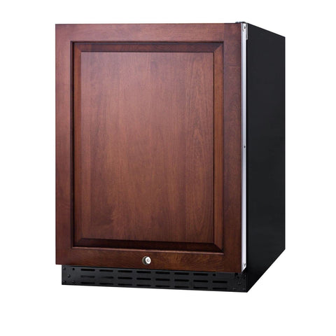 Built-in undercounter ADA compliant all-refrigerator with panel-ready door, black cabinet, door storage, digital controls, and white interior