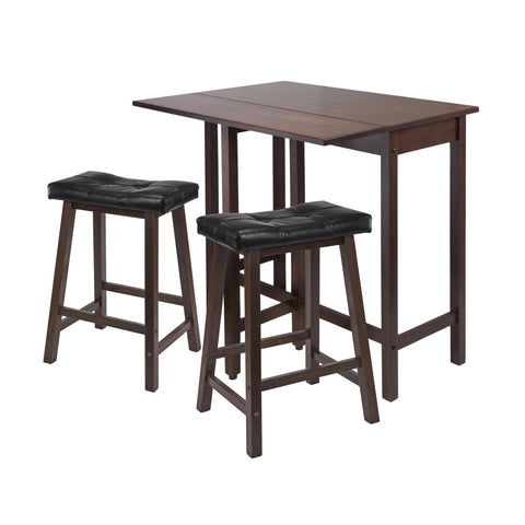 Oakestry Lynnwood 3-Pc Drop Leaf High Table Set with 2 Cushioned Saddle Seat Counter Stools, Solid Wood Kitchen Island Dining Set, Space-Saving Design, Walnut & Black