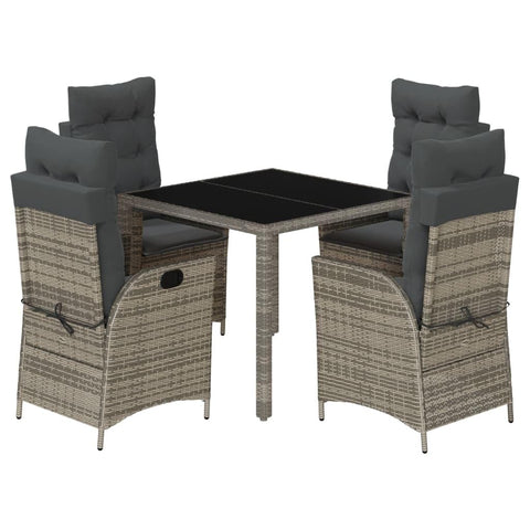 vidaXL 5 Piece Patio Dining Set - Outdoor Poly Rattan Garden Furniture with Cushions, Adjustable Reclining Chairs, Square Glass Table, Gray
