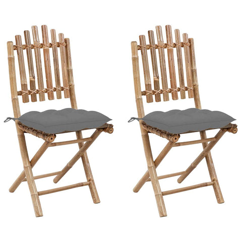 vidaXL Folding Patio Chairs with Cushions - Bamboo Garden Lounge Seats for Outdoor Dining, Gray, 2 Pack, Sturdy & Weather-Resistant