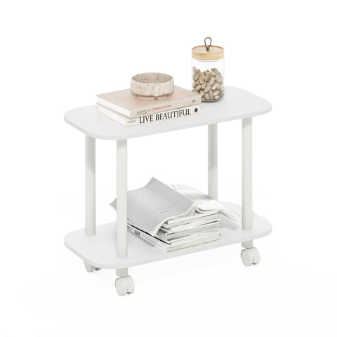 Furinno Turn-N-Tube Side Table, 2-Tier Oval Sofa End Table with Wheels, Round Corner Night Stand, Bedside Table with Open Shelf, Toolless Assembly, for Living Room, Bedroom, White