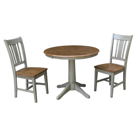 IC INTERNATIONAL CONCEPTS 36" Round Wood Distressed Hickory/Stone Extension Dining Table with 2 Chairs