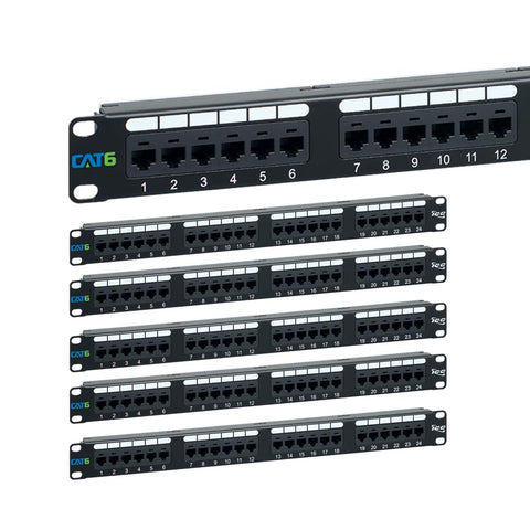 ICC CAT6 Patch Panel, UL Listed & PoE++ Rated Gigabit Applications, Rackmount 24 Port 1U 19-Inch Network Patch Panel with Rear 110 IDC Terminal Blocks for Gigabit Network Switch, Black, Pack of 6