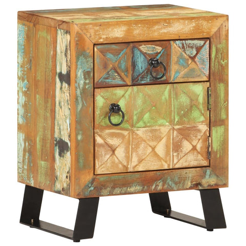 vidaXL Bedside Cabinet in Solid Reclaimed Wood with Iron Legs, 15.7"x11.8"x19.7" - Retro Style Nightstand with Drawer and Compartment for Bedroom Storage