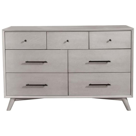 Oakestry Flynn 7 Drawer Dresser Gray Mid Century Modern Solid Wood Bedroom Storage Stylish Spacious Elegant Contemporary Organizer Sturdy Smooth Glide Drawers Retro Chic Timeless Versatile Furniture