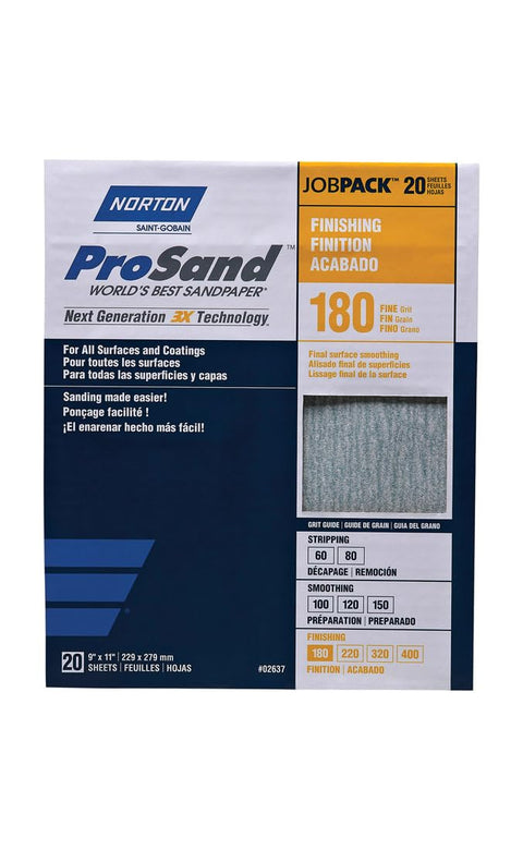 Norton 07660768168 ProSand 07660768168 Sanding Sheet, 11 in L, 9 in W, Fine, 180 Grit, Aluminum Oxide Abrasive, Paper Backing Tan - Pack of 20