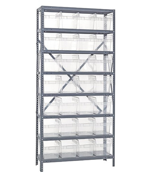 Quantum Storage Systems 1275-SB807CL Solid Heavy Duty 8 Shelves 28 STORE-MAX Clear Bins 75" H x 36" W x 12" D