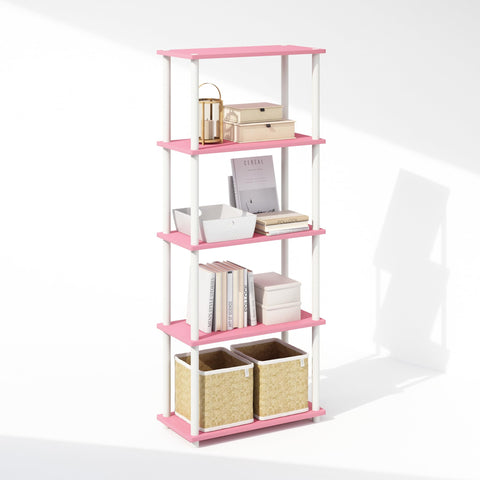 Furinno Turn-N-Tube Book Shelf, 5-Tier Bookshelf, Bookcase with Multipurpose Compact Display Rack, 11.6 x 23.6 x 57.4, for Living Room, Bedroom, Home Office, Pink/White