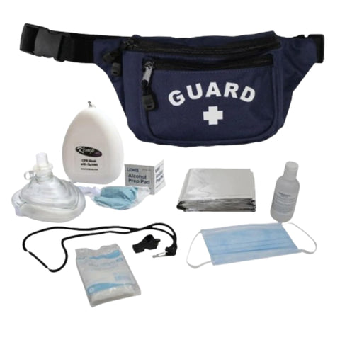Kemp USA Hip Pack with PPE Supply - Includes Hand Sanitizer, Face Mask, Nitrile Gloves, CPR Mask, Foil Blanket, Whistle, Safety Lanyard - Made with Durable Tear-Resistant Nylon - Navy Blue