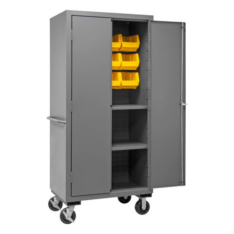 Durham 3501M-BLP-12-2S-95 Lockable Mobile Cabinet with 12 Yellow Hook-On Bins, 2 Adjustable Shelves, Flush Door Style, 36" Wide, 14 Gauge, Gray