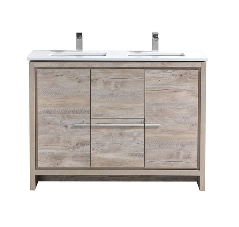 KubeBath Dolce 48? Double Sink Nature Wood Modern Bathroom Vanity with White Quartz Counter-Top