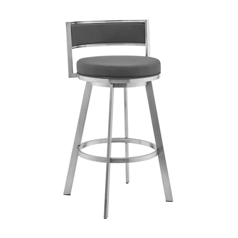 Armen Living Roman 26" Gray Faux Leather and Brushed Stainless Steel Swivel Bar Stool