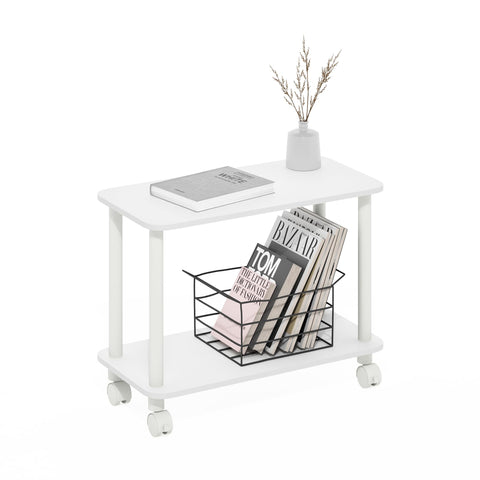 Furinno Turn-N-Tube Side Table, 2-Tier Rectangle Sofa End Table with Wheels, Round Corner Night Stand, Bedside Table with Open Shelf, Toolless Assembly, for Living Room, Bedroom, White