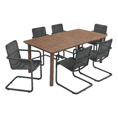 Modway Abacus 7-Piece Outdoor Rectangular Dining Set in Slate Walnut - 76” Aluminum Patio Dinner Table w/Umbrella Hole & 6 Rattan Armchairs - Weather-Resistant Deck Table & Wicker Chairs for 6