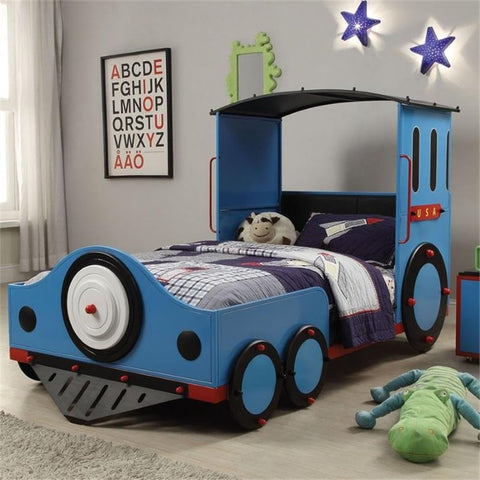 Acme Tobi Train Twin Bed with Metal Frame in Blue and Red and Black