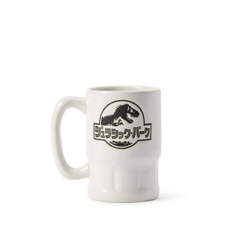 Jurassic Park Japanese Logo Ceramic Mini Mug - White 3.5-Inch x 3.3-Inch Miniature Cup With Handle - Features Black & White Dinosaur Graphic & Japanese Letters - Perfect For Display Or Tiny Tea Party!