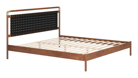 Zuo Netz King Bed Black & Walnut, Multicolor Bed, Modern Style, Faux Leather, Rubber feet Help Prevent Floor Scratches, Rubberwood, Indoor Bedroom, 79.5" W x 84.3" D x 39.8" H