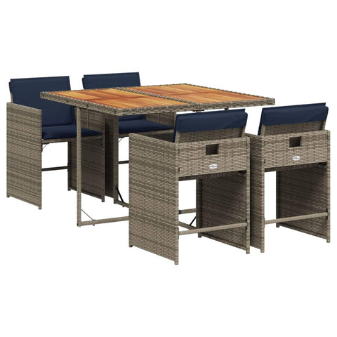 vidaXL Patio Dining Set - 5 Piece Gray Poly Rattan Furniture with Cushions - Foldable Chairs, Acacia Wood Tabletop, Outdoor/Garden/Backyard