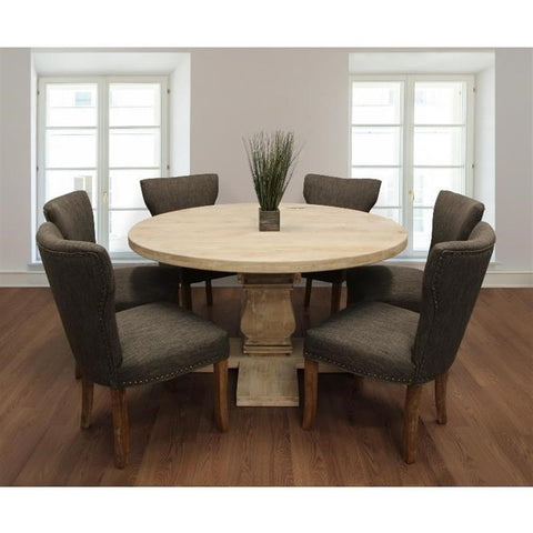 Moti Benedict 7-Piece Dining Set with 58" Dining Table and 6 Dark Gray Linen Chairs
