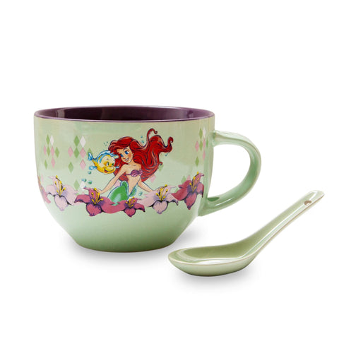 Toynk Disney The Little Mermaid Ariel 24-Ounce Ceramic Soup Mug With Spoon | Bowl For Ice Cream, Cereal, Oatmeal | Large Coffee Cup For Espresso, Caffeine, Beverage | Cute Home & Kitchen Essentials