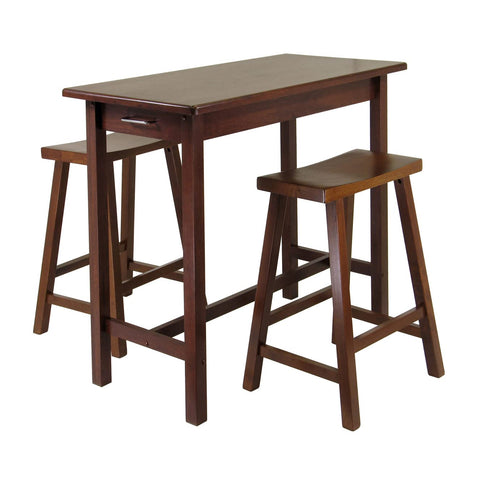 Oakestry Sally 3-Piece Breakfast Table Set with Saddle Seat Counter Stools, Walnut Finish – Space-Saving Kitchen Island Table with Dual Storage Drawers