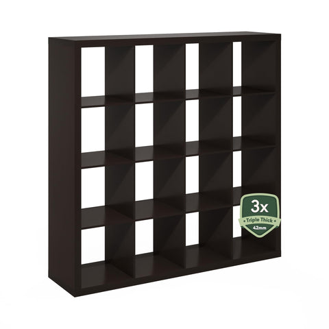 Furinno Cubicle Book Shelf, 16-Cube Bookshelf, Triple Thick Frame Cube Storage Organizer Bookcase, 1.65" Thick, 15.3 x 57.4 x 56.8, for Living Room, Bedroom, Home Office, Black Dark Oak