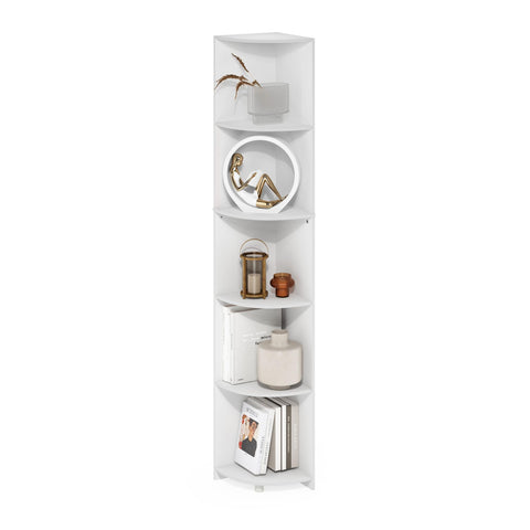 Furinno ECON Corner Shelf, 5-Tier Corner Book Shelf, Storage Shelves, Display Rack, Bookshelf, for Organization and Storage, Living Room, Home Office, White