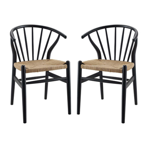 Modway Flourish Mid-Century Modern Rustic Farmhouse Wood Dining Chair Set of 2 in Black