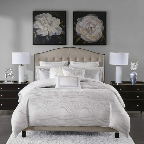 Oakestry 9Pc 100% Polyester Signature Oversized Hollywood Glam Cozy Striped Comforter Set Decorative All Season Bedding Combo, Metallic White Queen(92"X96")