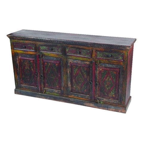 Moti Arvada Mango Solid Wood 4 Door 4 Drawer Hand-Carved Buffet in Brown