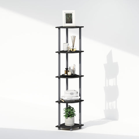 Furinno Turn-N-Tube Storage Shelves, 5-Tier Book Shelf, Corner Shelf with Open Shelves, Toollesss Assembly, for Organization and Storage, Living Room, Home Office, Hallway, Bedroom, Plain Black