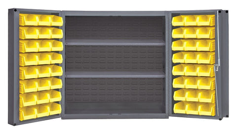 Heavy Duty Cabinet 14 Gauge 36 x 24 x 36 2 Adjustable Shelves 48 Yellow Bins 4 Inch Deep Box Doors with Louvered Panel Lockable Chrome Handle with Keys Gray