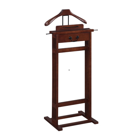 Proman Products Mission Wardrobe Wood Valet Stand with Drawer, Contour Hanger, Trouser Bar, Tie & Belt Hooks and Shoe Rack, Dark Walnut - VL16188