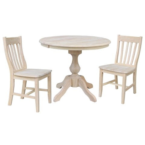 IC INTERNATIONAL CONCEPTS 36" Round Extension Wood Dining Table with 2 Cafe Chairs in Unfinished