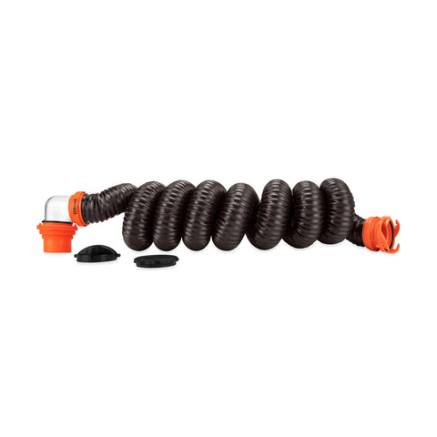 Camco RhinoFLEX 15-Ft Camper/RV Sewer Hose Kit - Features Clear Elbow Fitting w/Removable 4-in-1 Adapter - Connects to 3” Slip or 3”/3.5”/4” NPT Threaded Sewer Connection (39761)