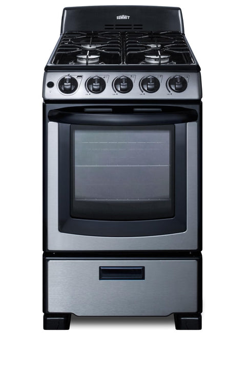 Summit 20" Gas Range, 4 Sealed Burners 2.3 cu.ft Capacity, Stainless Steel with Black Trim- PRO201SS