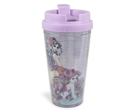 Disney Princesses Double-Walled Plastic Tumbler With Lid | Official Kitchen Accessories | Travel Coffee Mugs, Novelty Drinkware For Home Kitchen Set | Holds 16 Ounces
