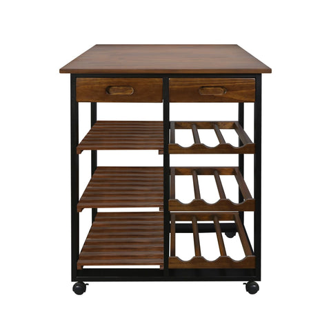 Casual Home Solid Wood 28" Wide l 4-Tier Rolling Kitchen Island Trolley with Wine Rack and Drawer, Mocha/Black