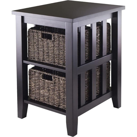Oakestry Morris Accent Table Espresso Solid Wood Frame with Two Foldable Corn Husk Basket Spacious Tabletop and Open Shelf Design Compact Dimensions Ideal for Small Spaces Convenient Storage Solution