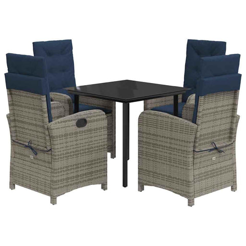 vidaXL 5-Piece Gray Poly Rattan Patio Dining Set with Adjustable Chairs and Cushions - Outdoor Garden Furniture with Tempered Glass Tabletop