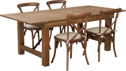 Flash Furniture HERCULES Series 7' x 40'' Antique Rustic Folding Farm Table Set with 4 Cross Back Chairs and Cushions