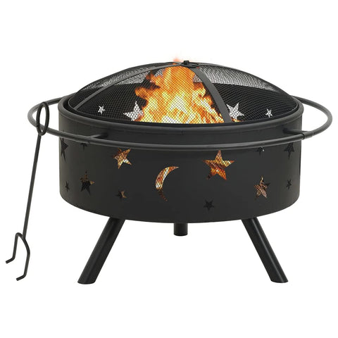 vidaXL 29.9" XXL Steel Fire Pit | Atmospheric & Decorative | Suitable for Garden, Patio | Warmth Providers | Features Mesh Cover & Poker | Black Finish