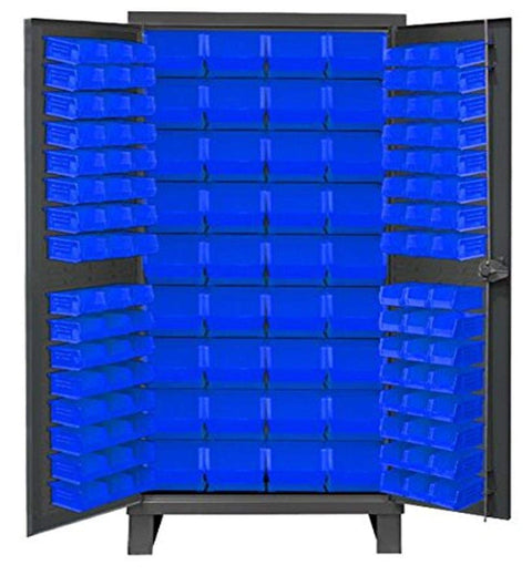 Durham 3702-132-5295 Lockable Cabinet with 132 Blue Hook-On Bins, Flush Door Style, 36" Wide, 14 Gauge, Gray